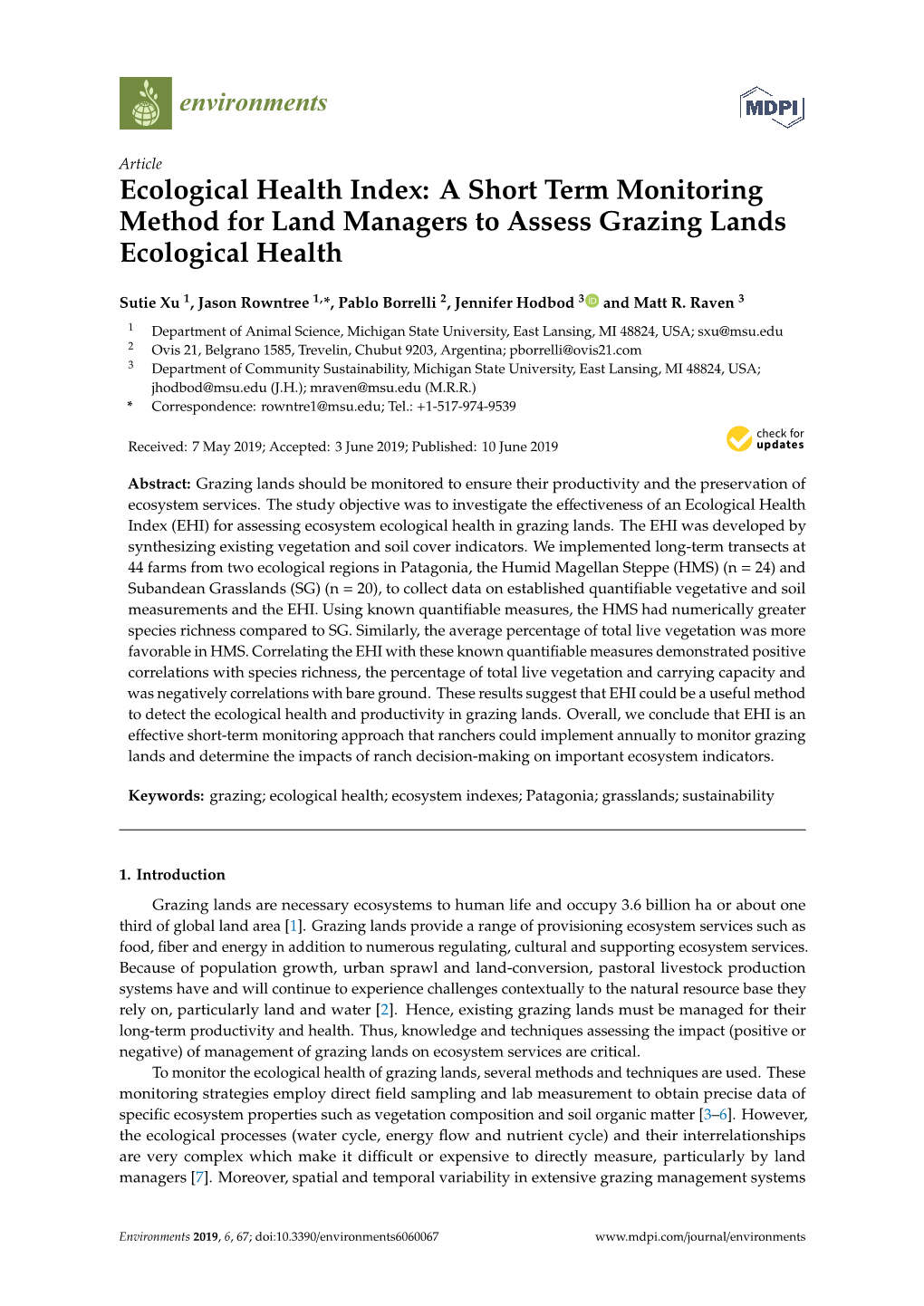 Ecological Health Index: a Short Term Monitoring Method for Land Managers to Assess Grazing Lands Ecological Health