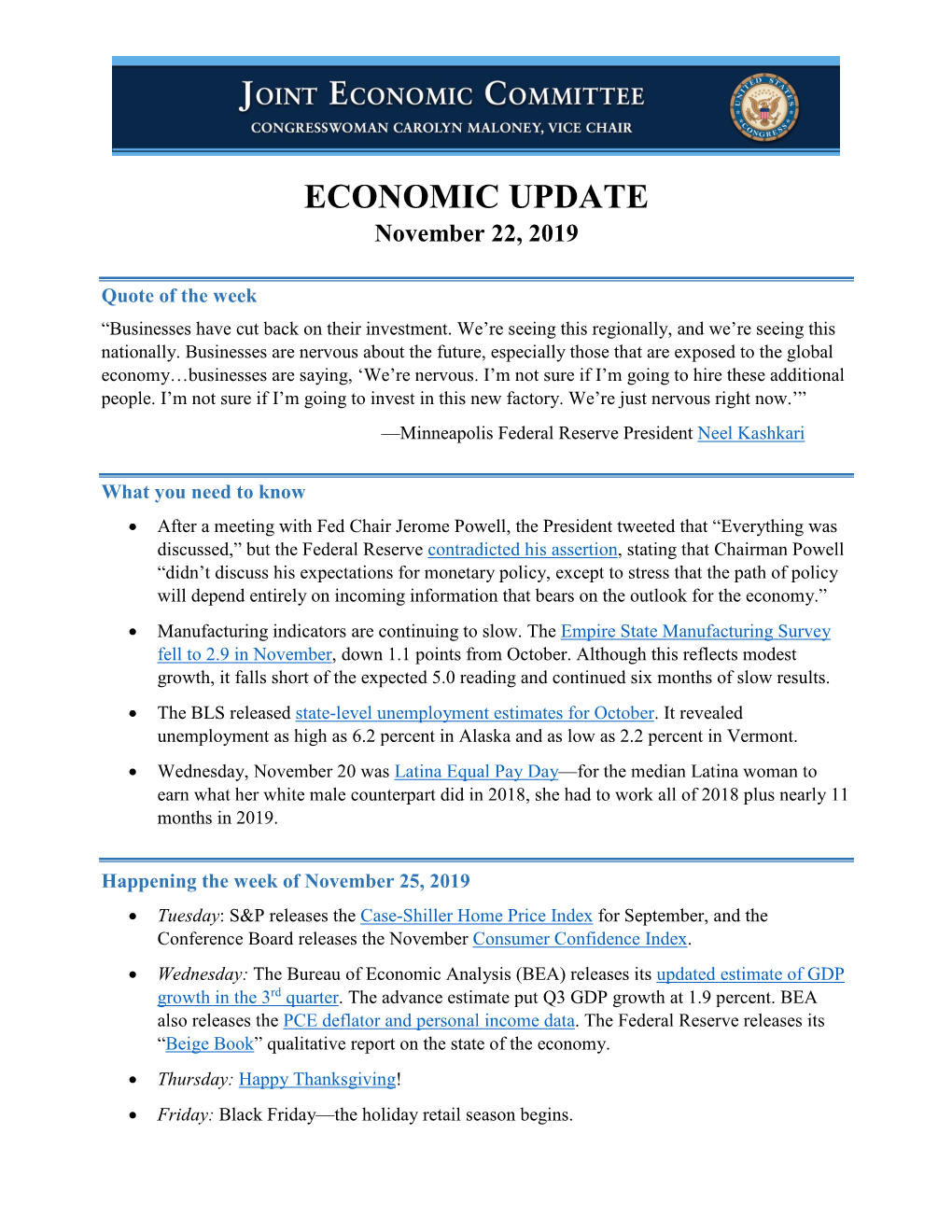 ECONOMIC UPDATE November 22, 2019