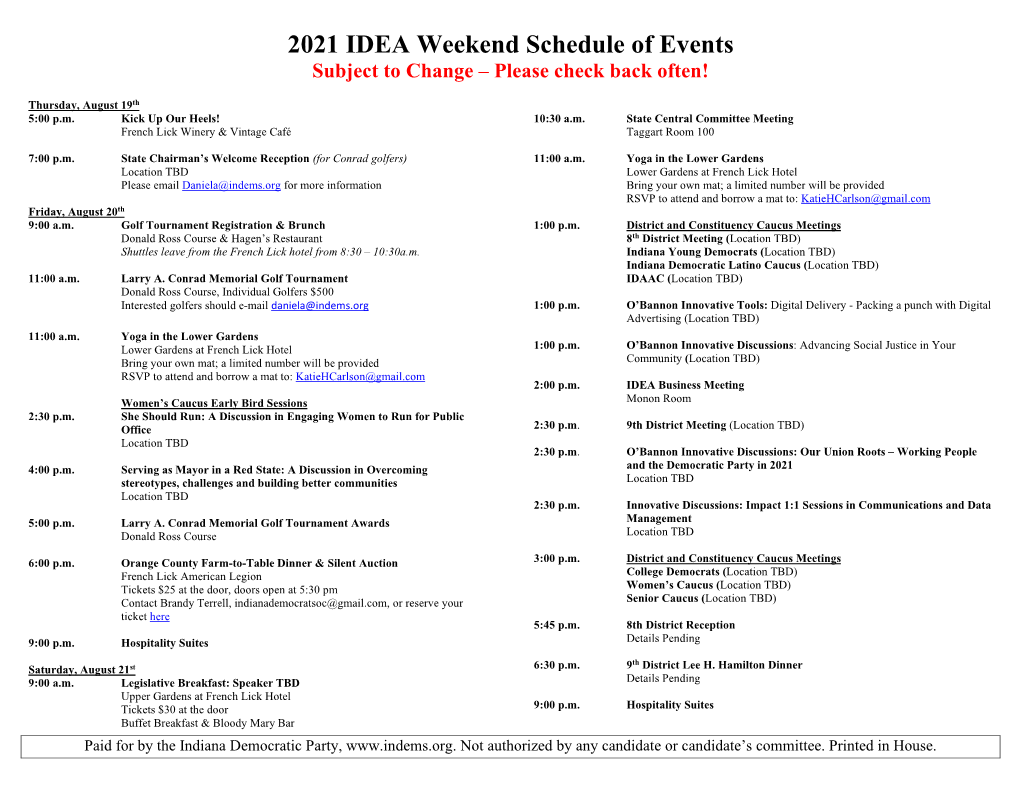 2021 IDEA Weekend Schedule of Events Subject to Change – Please Check Back Often!