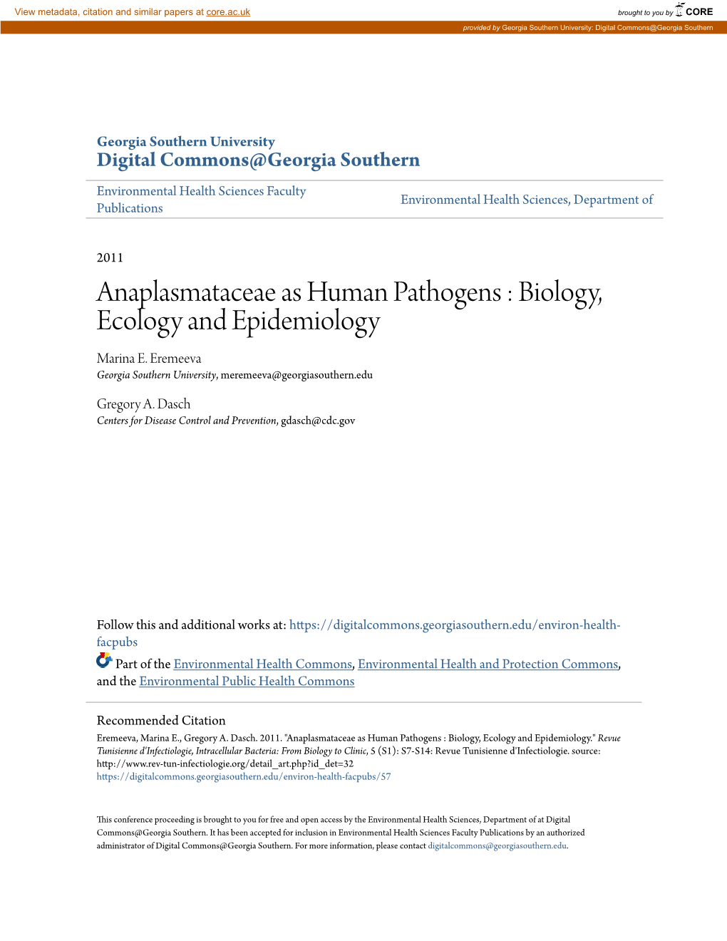 Anaplasmataceae As Human Pathogens : Biology, Ecology and Epidemiology Marina E