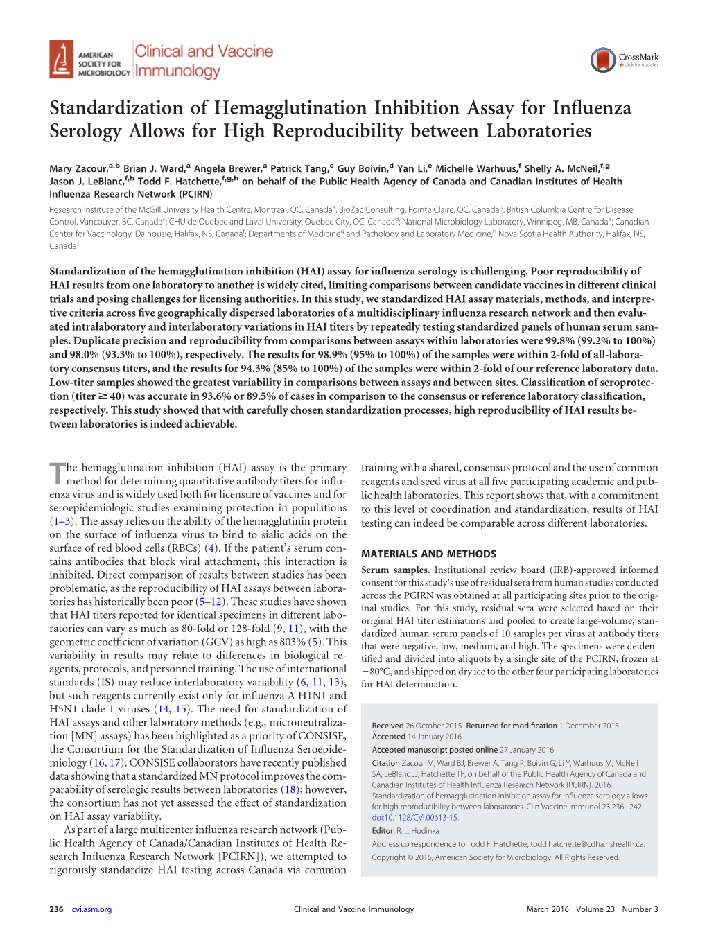 Standardization of Hemagglutination Inhibition Assay for Influenza