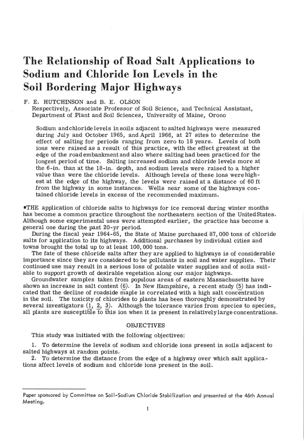 The Relationship of Road Salt Applications to Sodium and Chloride Ion Levels in the Soil Bordering Major Highways