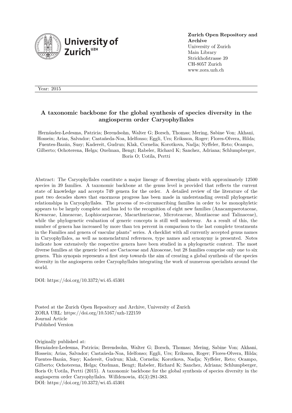 A Taxonomic Backbone for the Global Synthesis of Species Diversity in the Angiosperm Order Caryophyllales