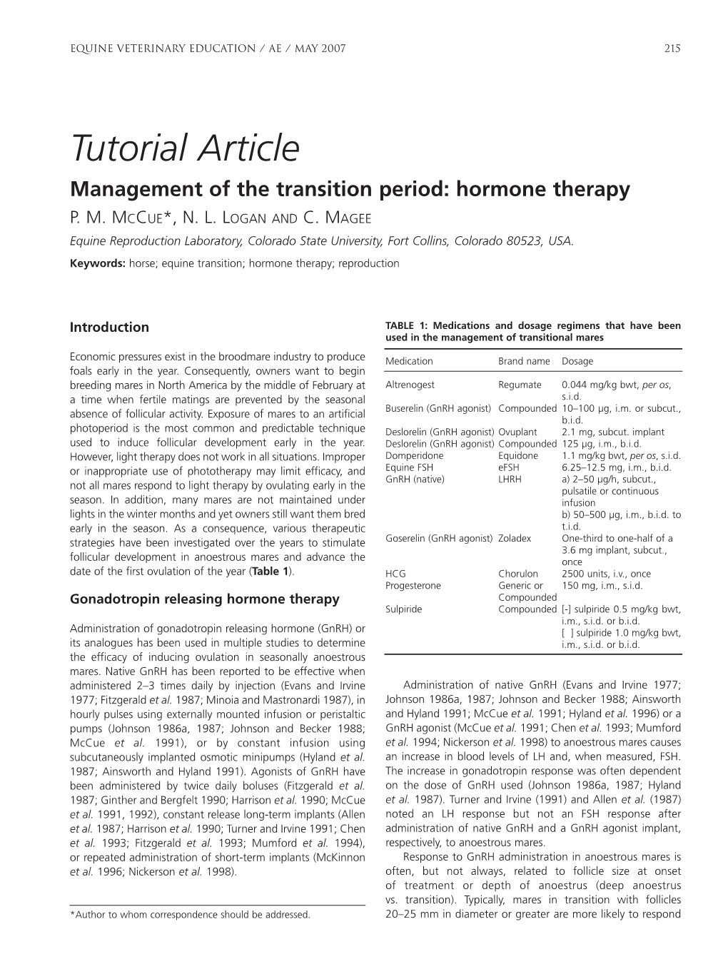 Tutorial Article Management of the Transition Period: Hormone Therapy P