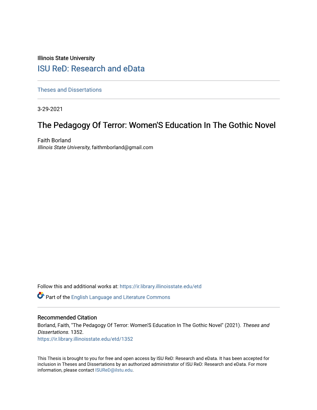 The Pedagogy of Terror: Women's Education in the Gothic Novel