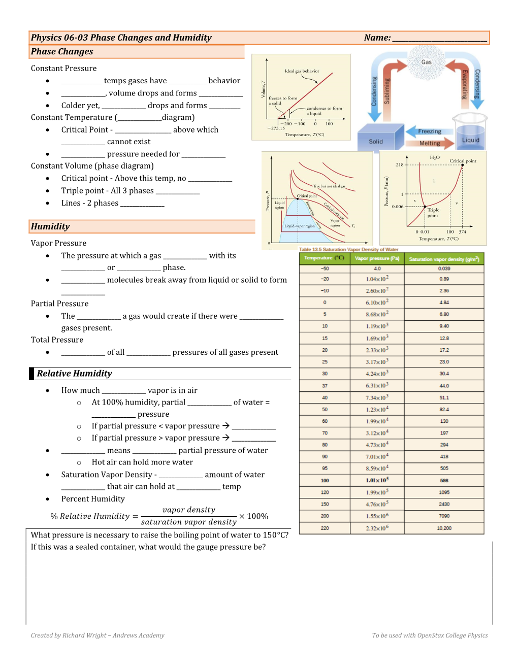 Physics 06-03 Phase Changes and Humidity Name