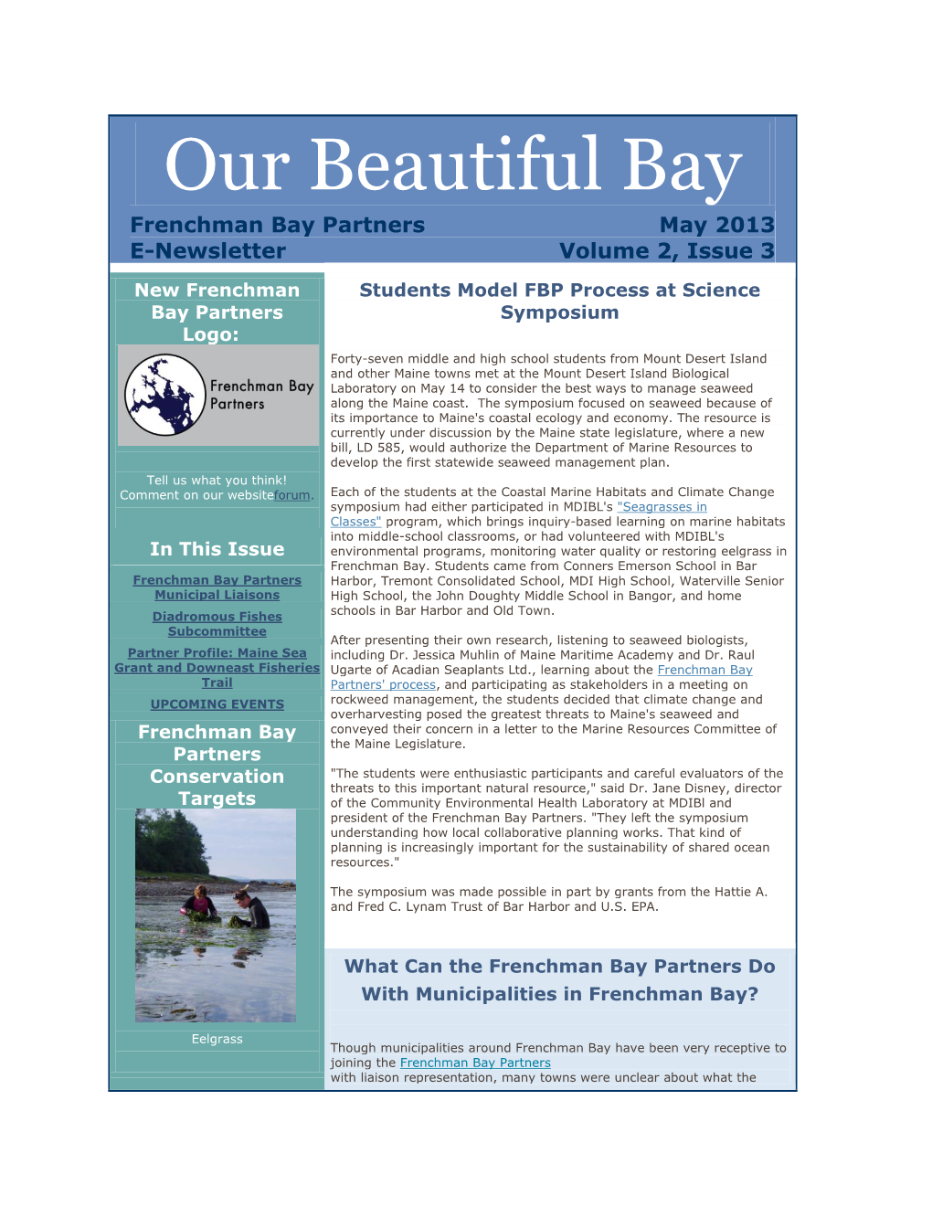 Our Beautiful Bay Frenchman Bay Partners May 2013 E-Newsletter Volume 2, Issue 3