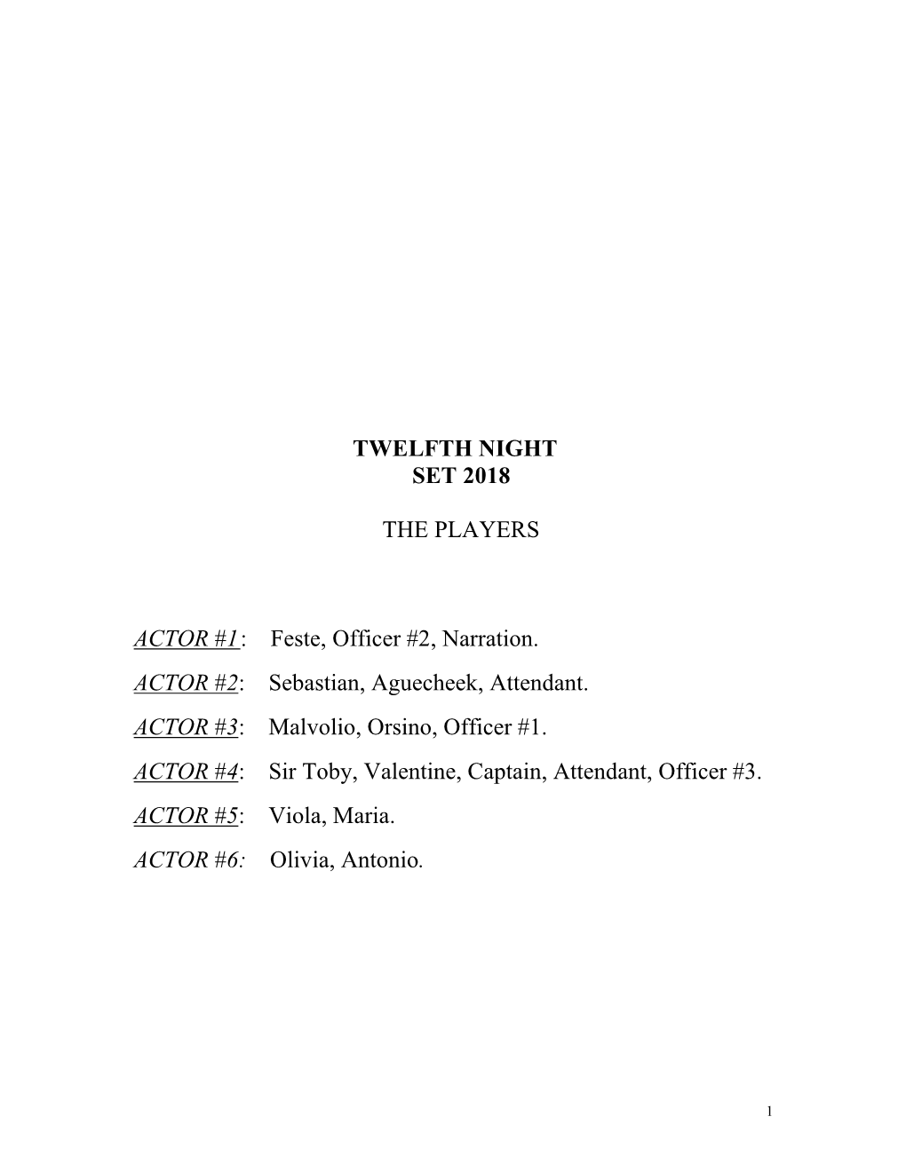 TWELFTH NIGHT SET 2018 the PLAYERS ACTOR #1 : Feste, Officer #2, Narration. ACTOR #2: Sebastian, Aguecheek, Attendant. A