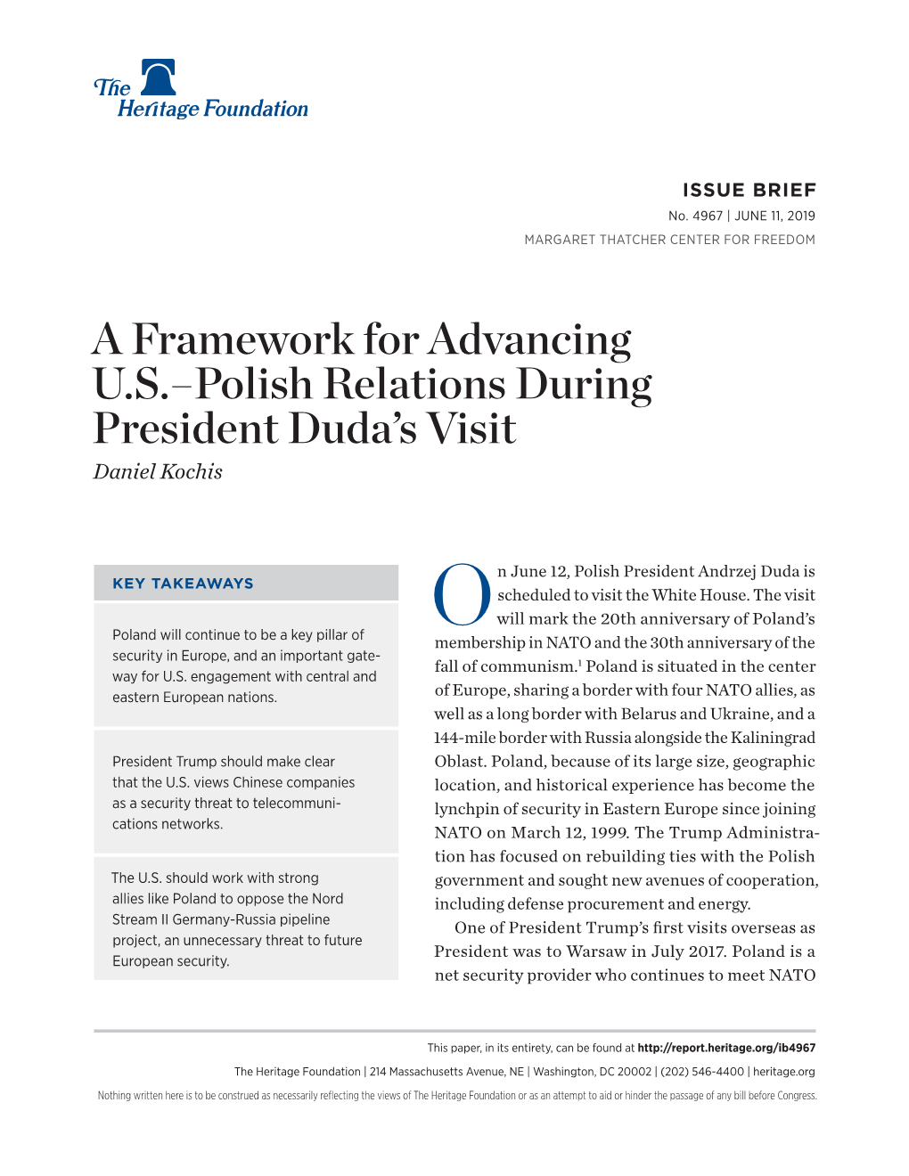 A Framework for Advancing U.S.–Polish Relations During President Duda’S Visit Daniel Kochis
