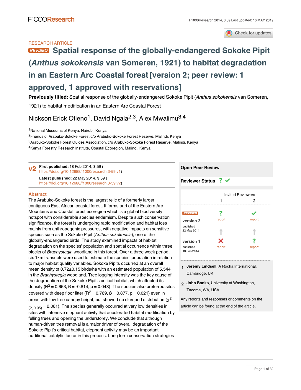 Spatial Response of the Globally-Endangered Sokoke Pipit