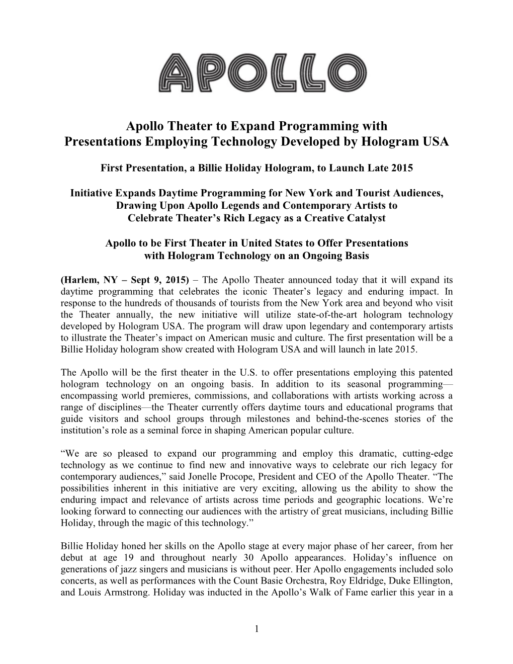 Apollo Theater to Expand Programming with Presentations Employing Technology Developed by Hologram USA