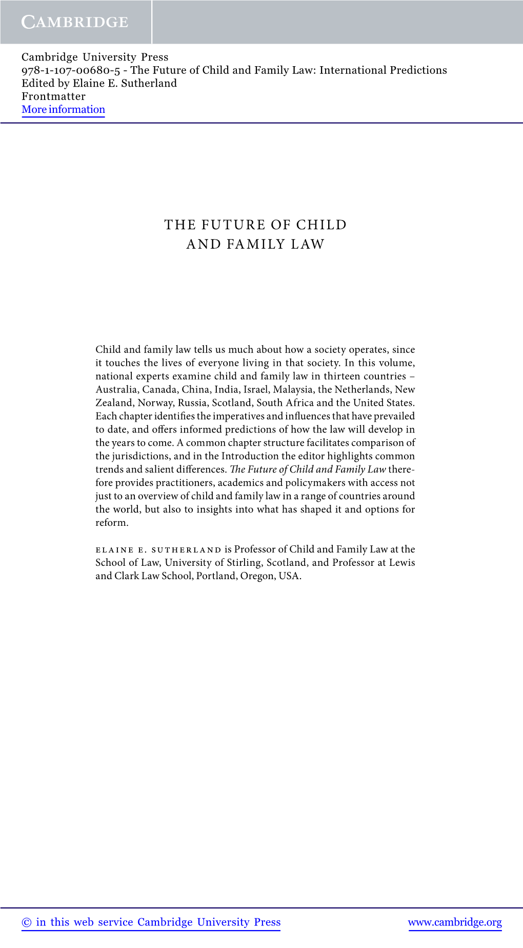 The Future of Child and Family Law: International Predictions Edited by Elaine E