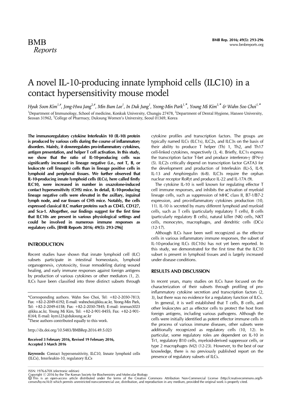 A Novel IL-10-Producing Innate Lymphoid Cells (ILC10) in a Contact Hypersensitivity Mouse Model