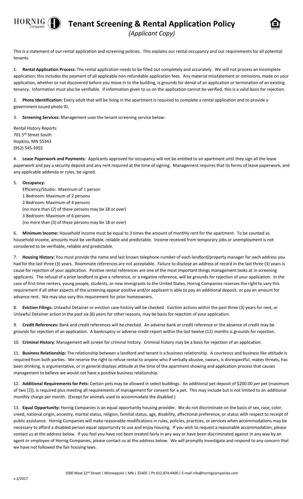 Tenant Screening & Rental Application Policy