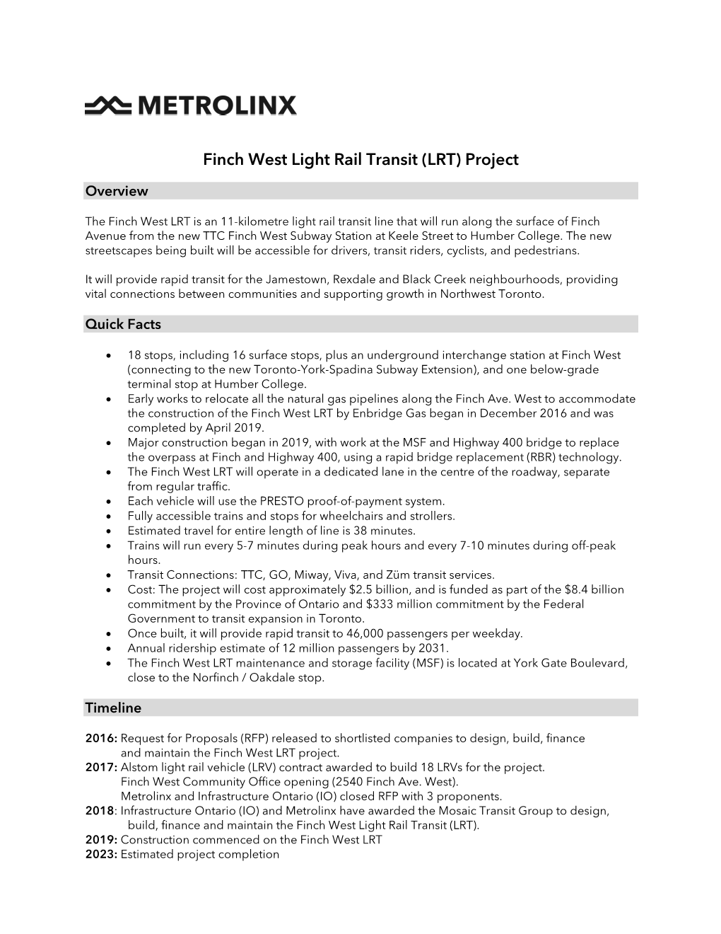 Finch West Light Rail Transit (LRT) Project