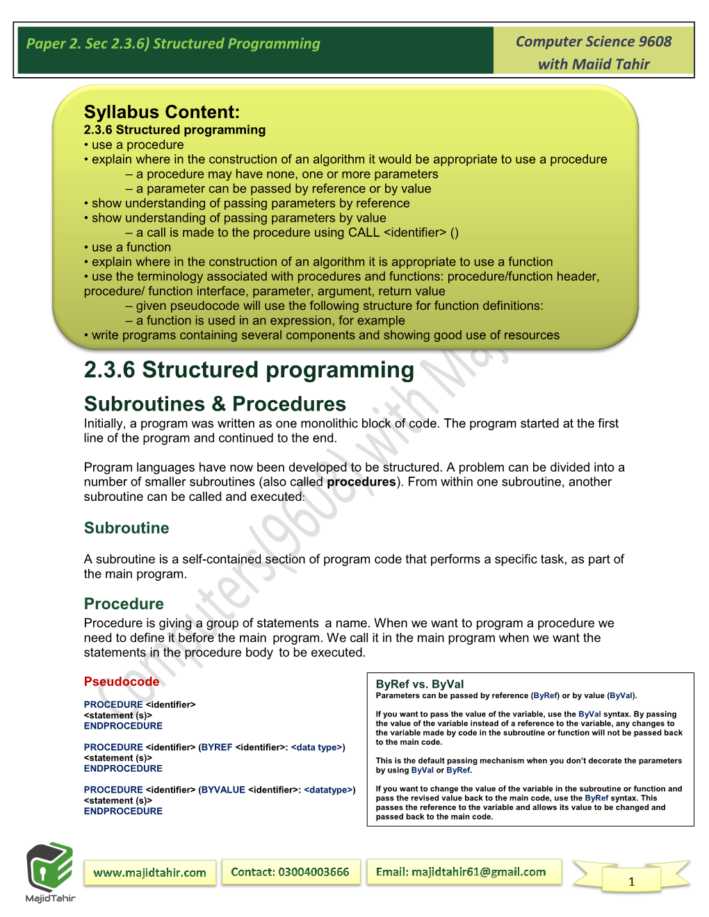 Paper 2. Sec 2.3.6) Structured Programming with Majid Tahir