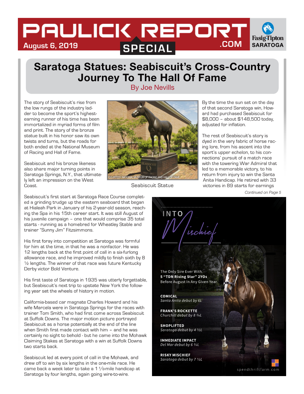 SPECIAL .COM SARATOGA Saratoga Statues: Seabiscuit’S Cross-Country Journey to the Hall of Fame by Joe Nevills