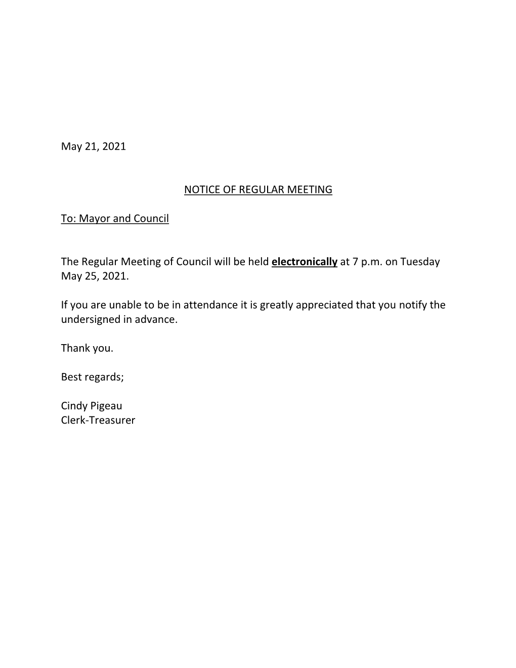 May 21, 2021 NOTICE of REGULAR MEETING To