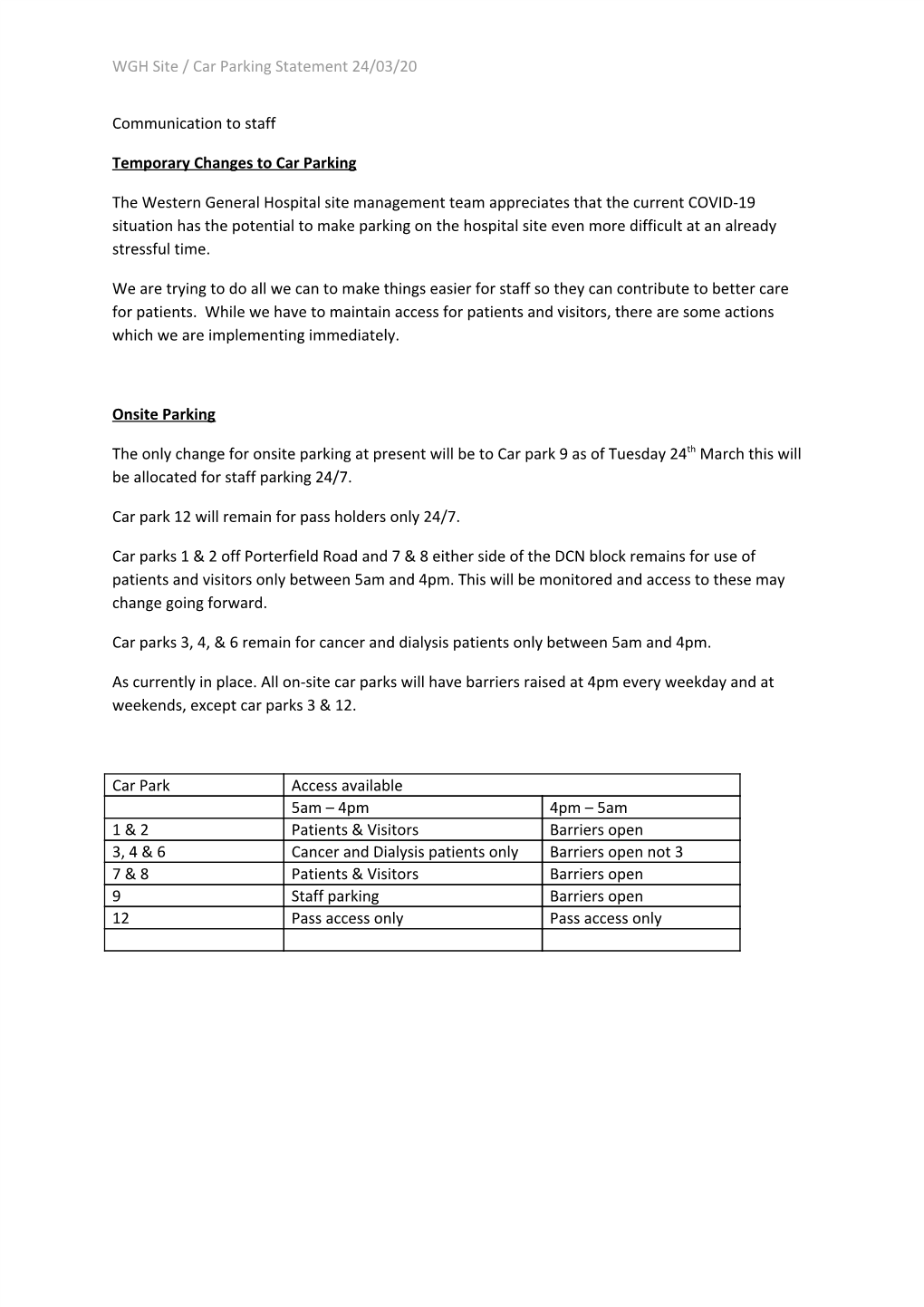 WGH Site / Car Parking Statement 24/03/20 Communication to Staff