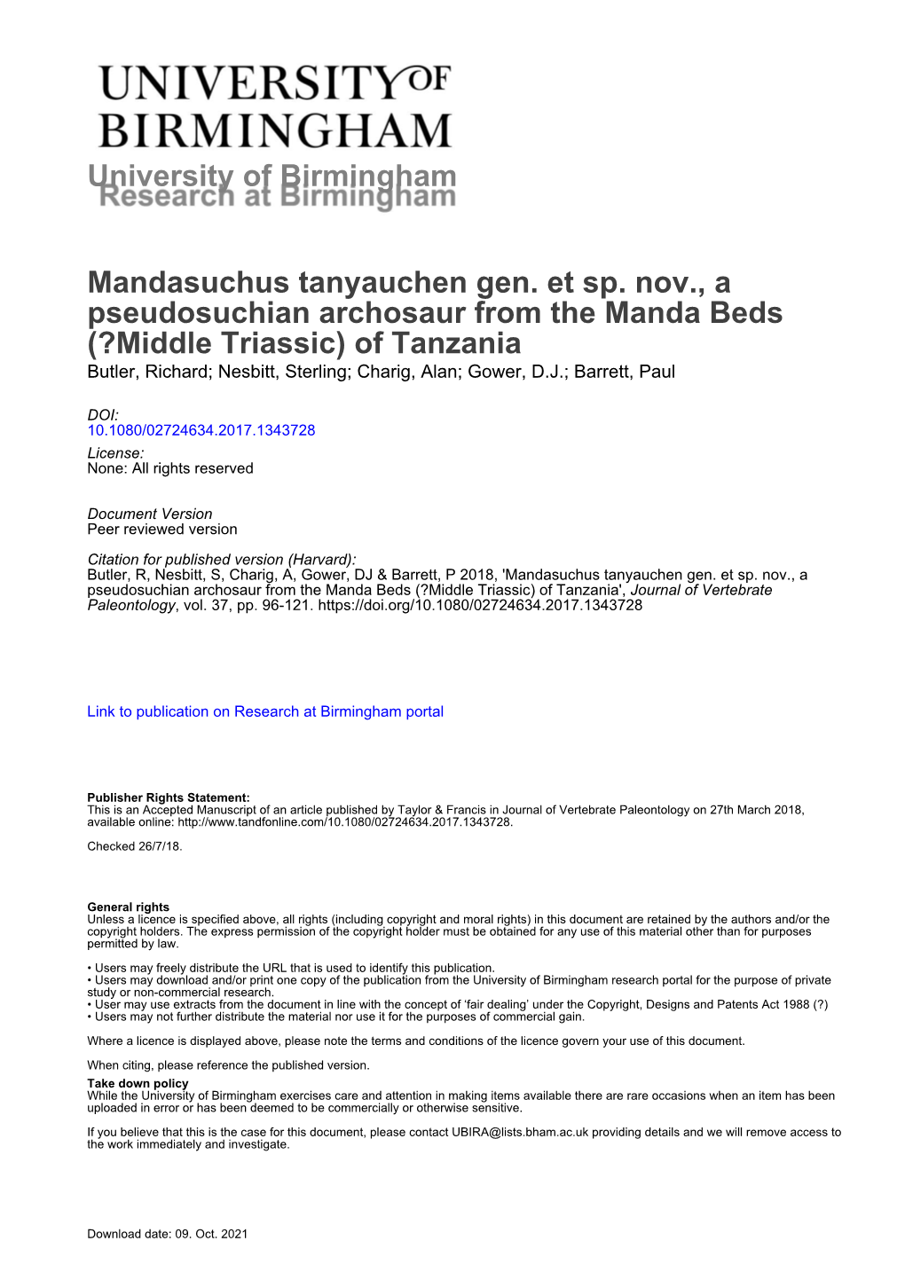 University of Birmingham Mandasuchus Tanyauchen Gen. Et Sp. Nov., a Pseudosuchian Archosaur from the Manda Beds (?Middle Triassi