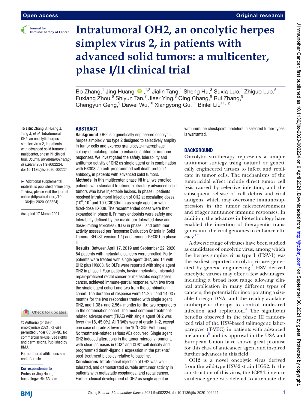 Intratumoral OH2, an Oncolytic Herpes Simplex Virus 2, in Patients with Advanced Solid Tumors: a Multicenter, Phase I/II Clinical Trial