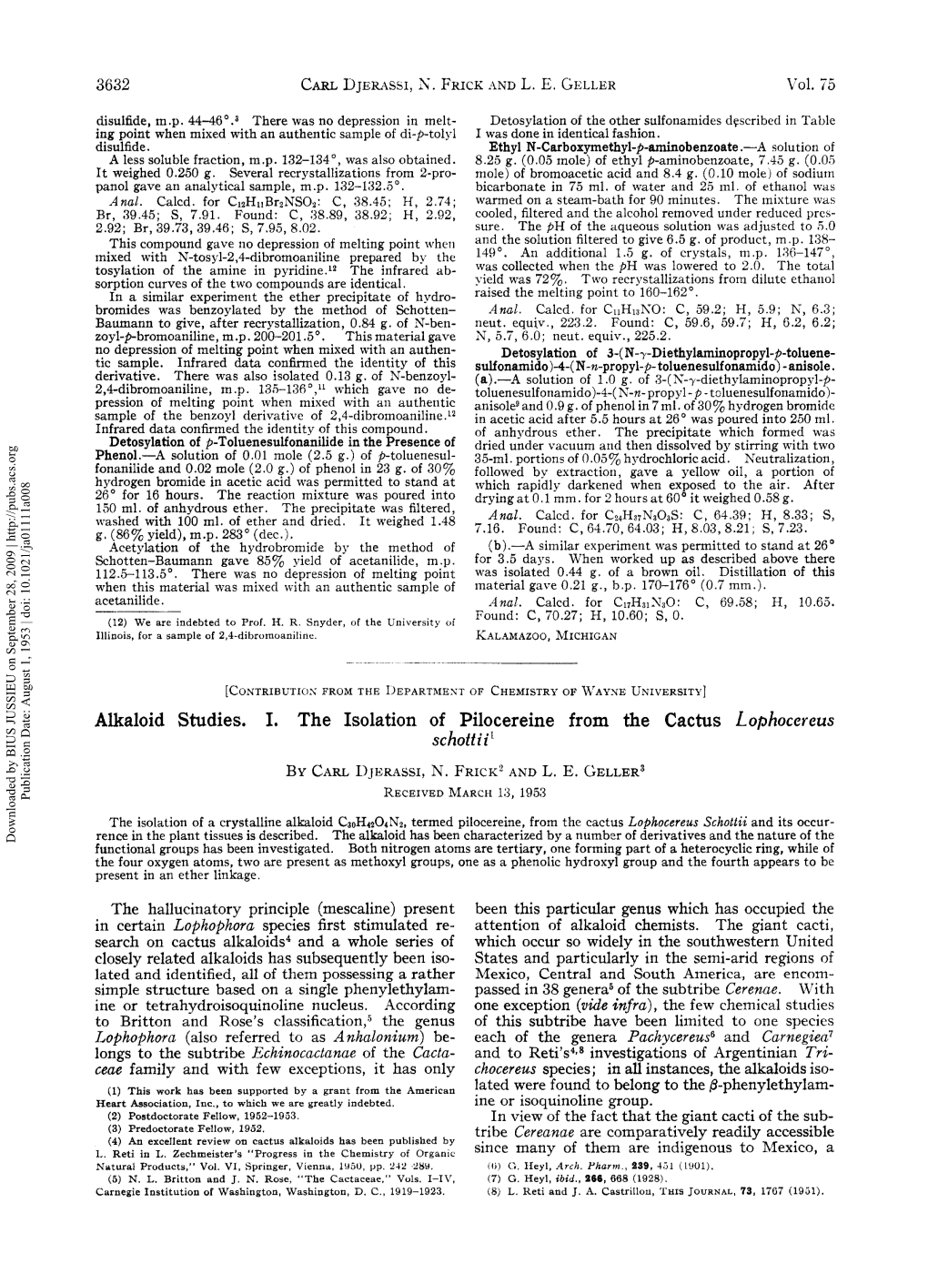 Alkaloid Studies. I. the Isolation of Pilocereine from the Cactus Lophocereus Schottii'