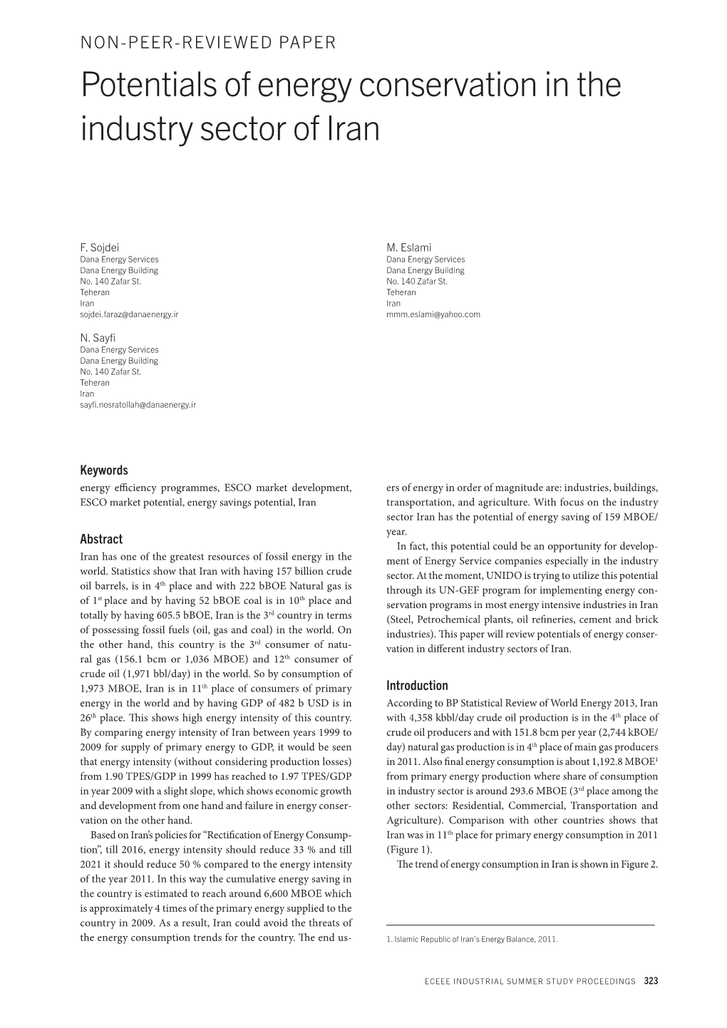 Potentials of Energy Conservation in the Industry Sector of Iran