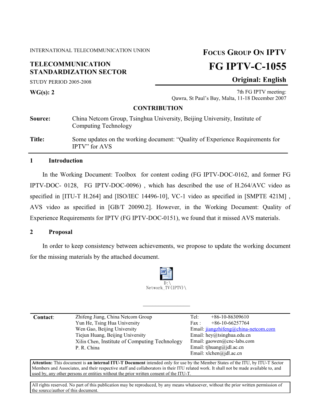 OUTPUT DOCUMENT: Meeting Report of IPTV Network Control Aspects