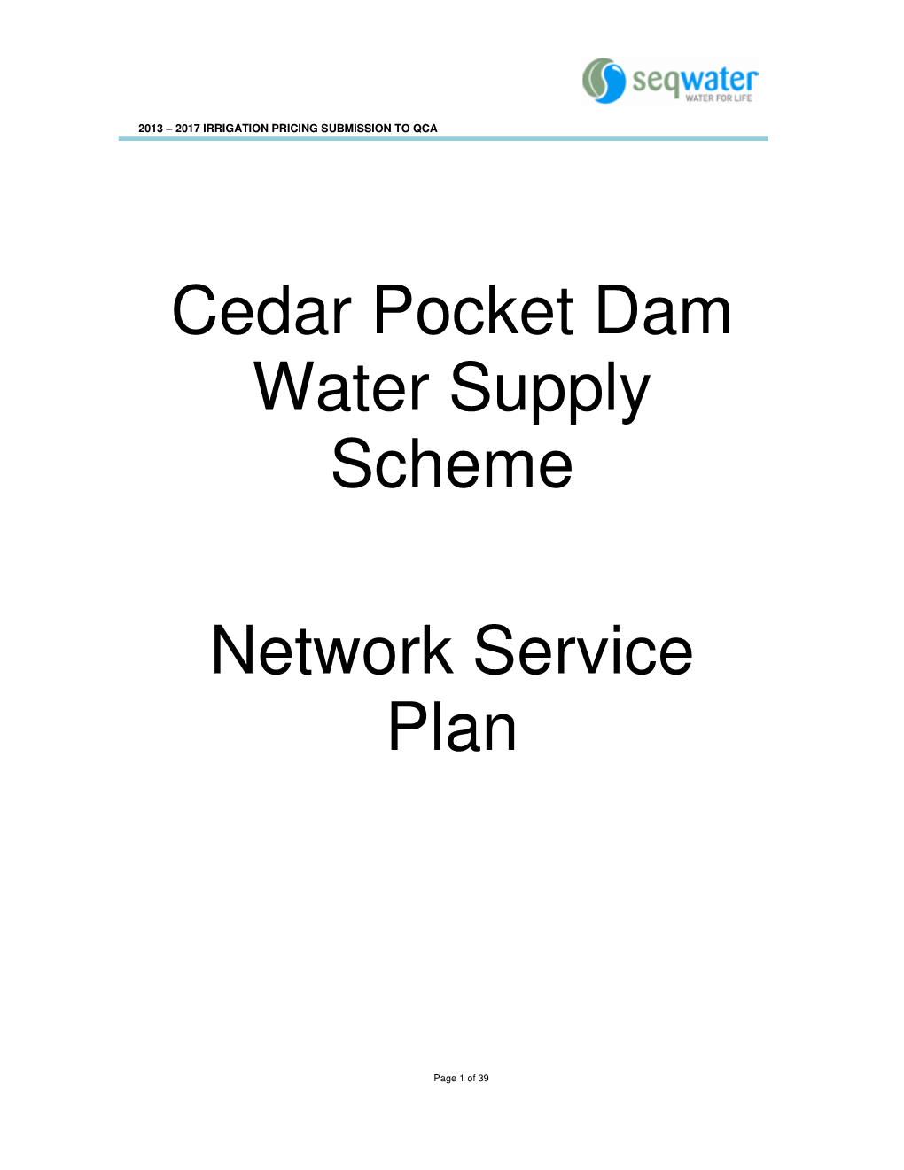 Cedar Pocket Dam Water Supply Scheme Network Service Plan