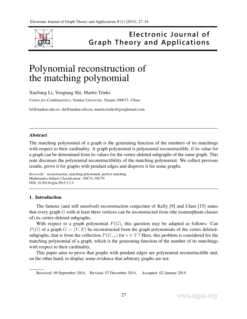 Polynomial Reconstruction of the Matching Polynomial