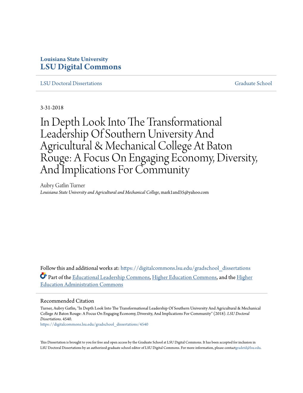 In Depth Look Into the Transformational Leadership of Southern University and Agricultural & Mechanical College at Baton