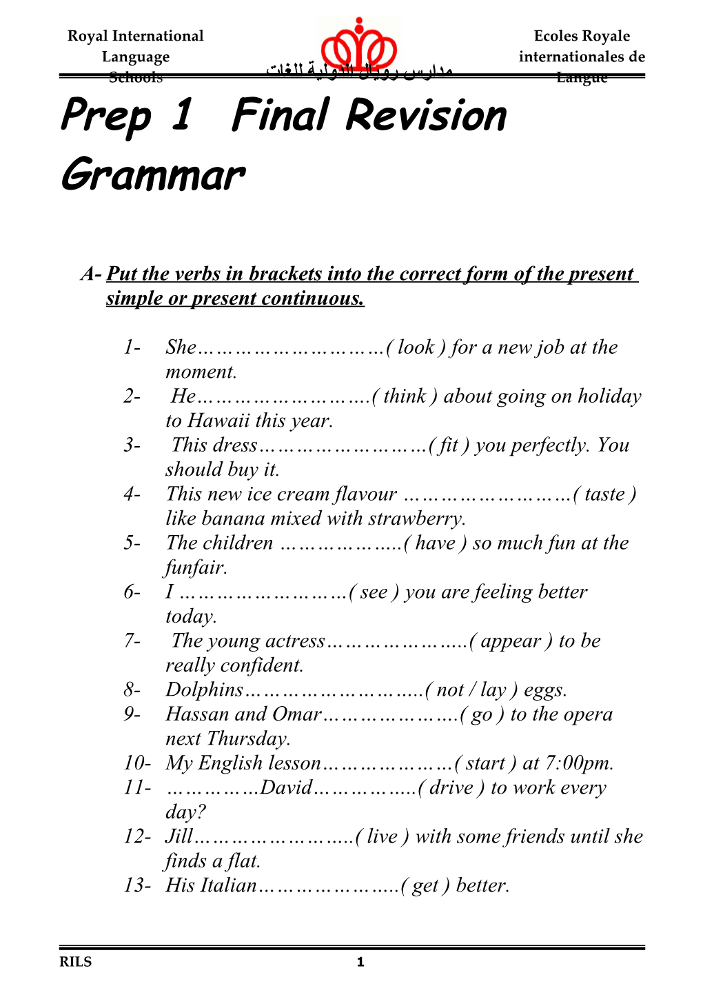 Prep 1 Final Revision Grammar