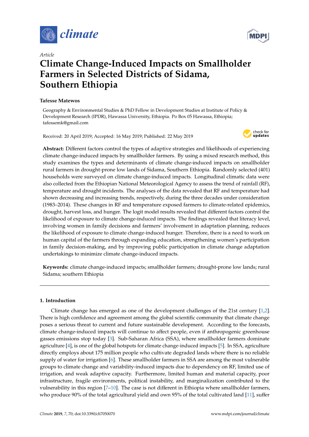 Climate Change-Induced Impacts on Smallholder Farmers in Selected Districts of Sidama, Southern Ethiopia