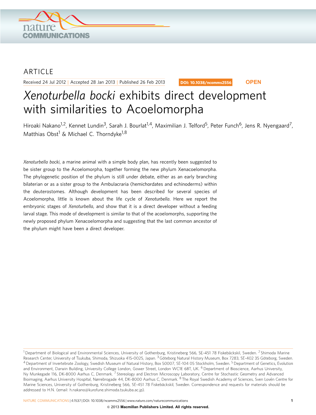 Xenoturbella Bocki Exhibits Direct Development with Similarities to Acoelomorpha