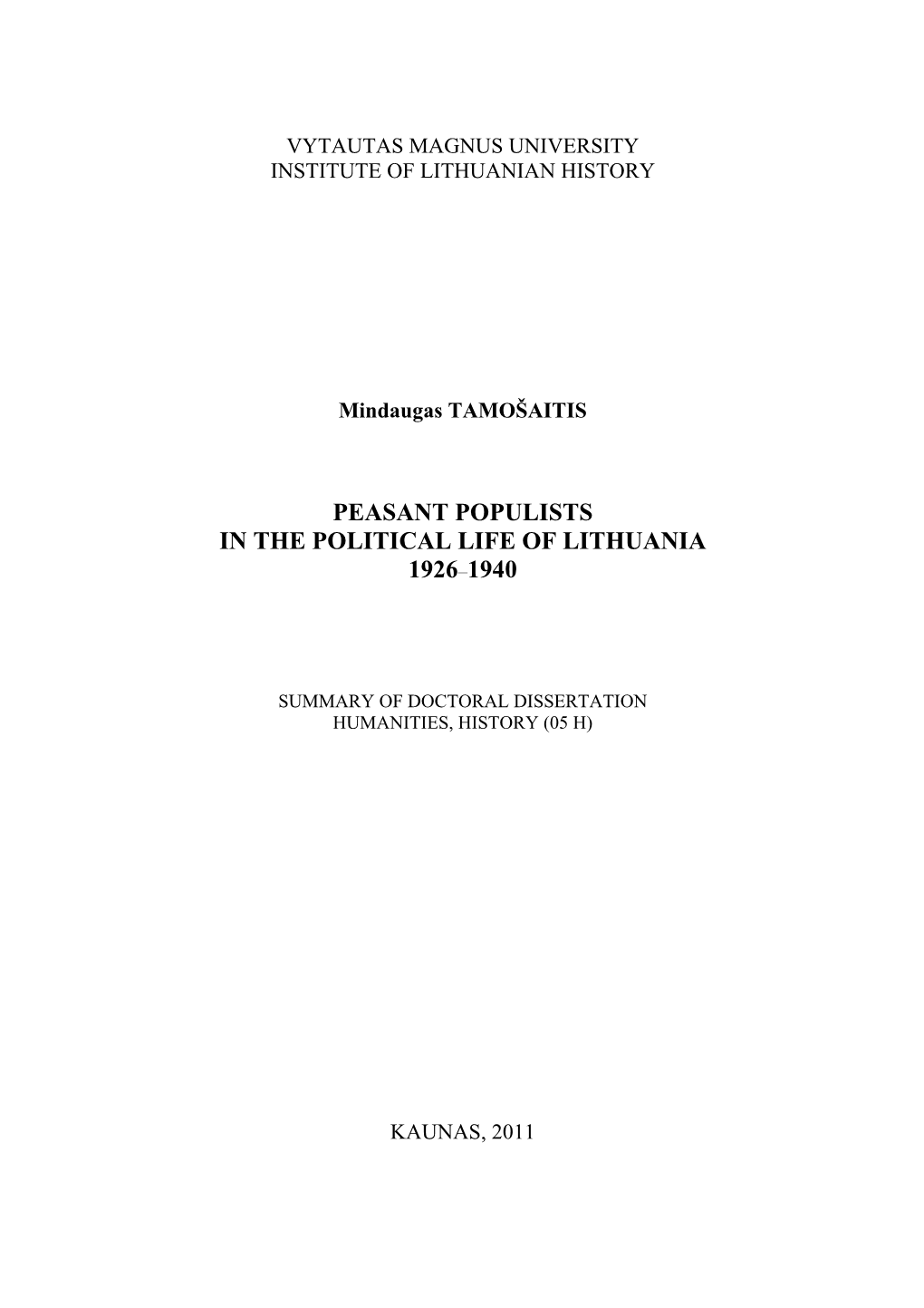 Peasant Populists in the Political Life of Lithuania 1926–1940