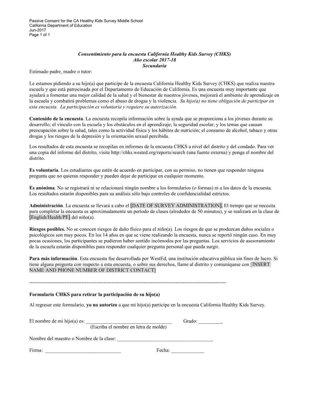 CHKS Active Consent Form High School (Spanish) - Alcohol, Tobacco & Other Drug Prevention