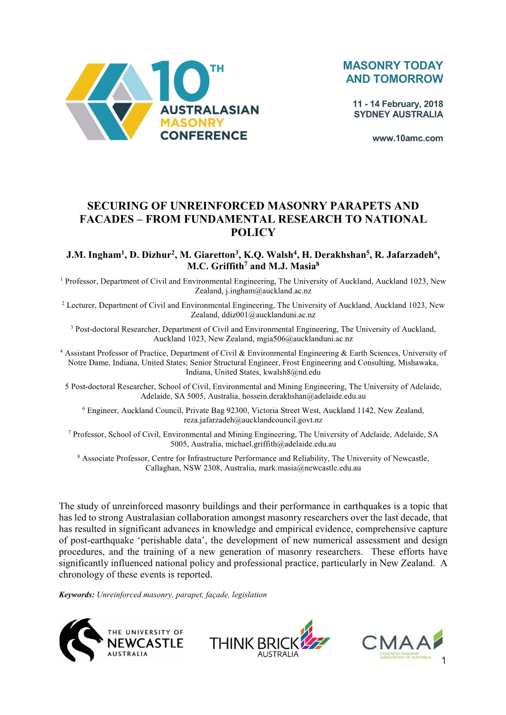 Securing of Unreinforced Masonry Parapets and Facades – from Fundamental Research to National Policy