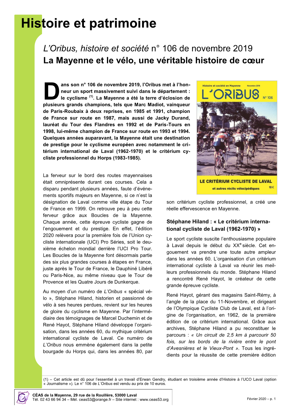 N° 106 De Novembre 2019 La Mayenne Et Le Vélo, Une Véritable Histoire De Cœur