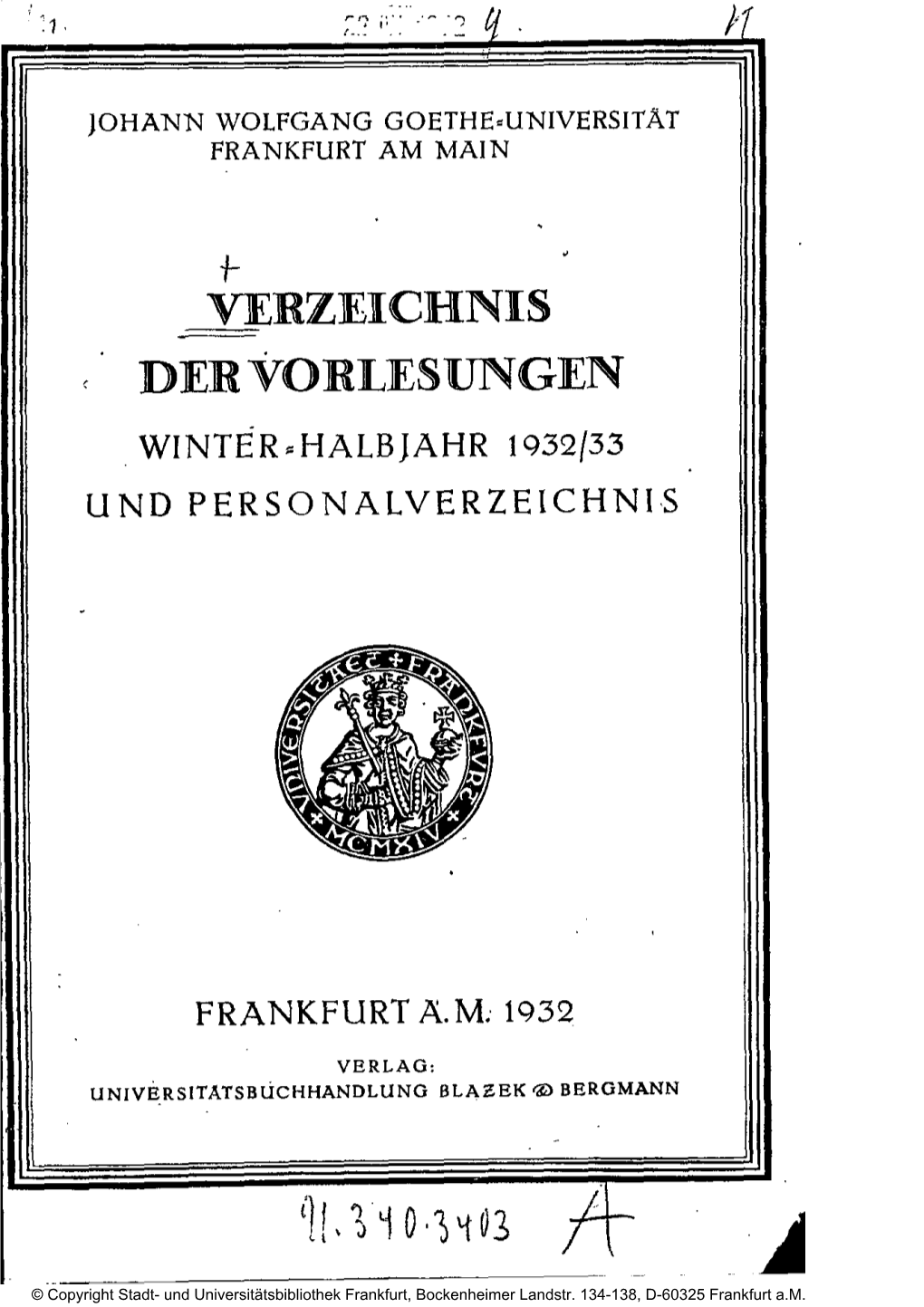 Frankfurt, Main> : Verzeichnis Der Vorlesungen Und Personalverzeichnis