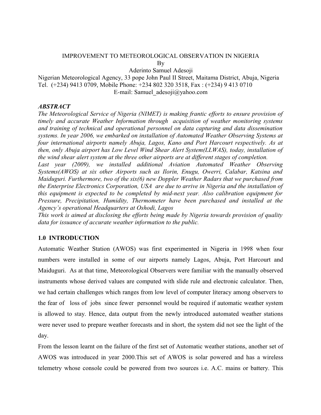 Improvement to Meteorological Observation in Nigeria