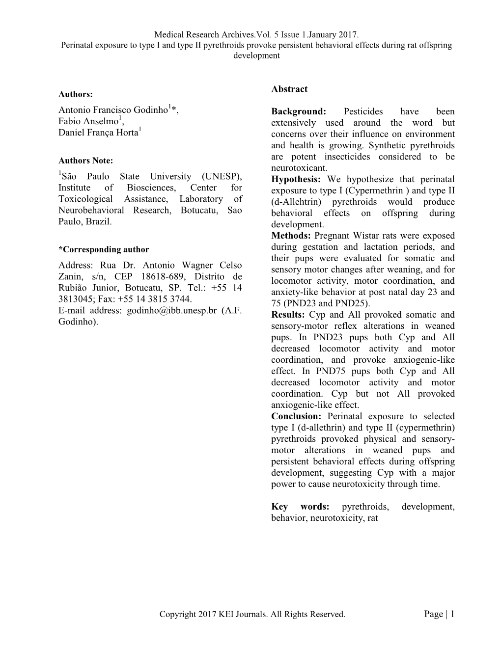 Title: “Peri-Natal Toxicity by Type-1 and Type –2 Pyrethroids”