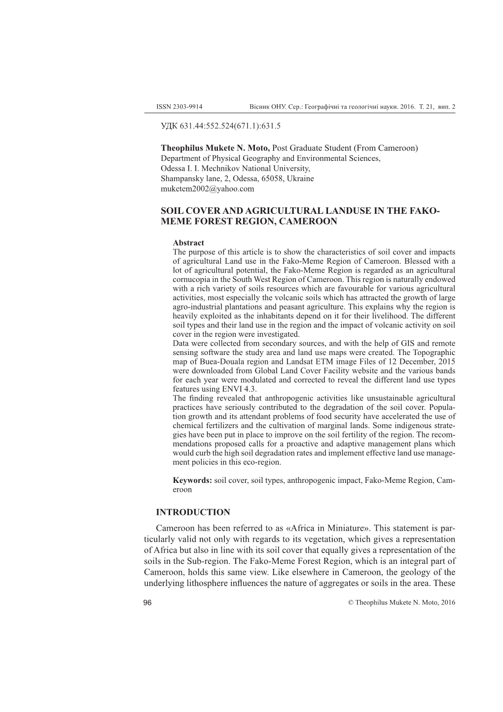 Soil Cover and Agricultural Landuse in the Fako- Meme Forest Region, Cameroon