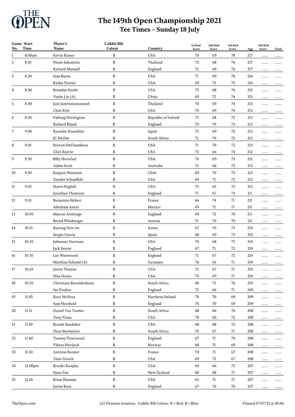 The 149Th Open Championship 2021 Tee Times – Sunday 18 July