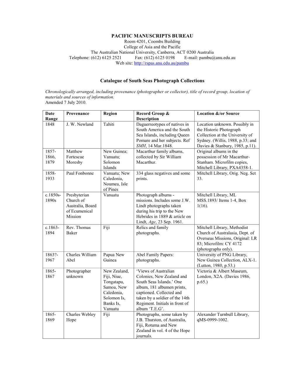 PACIFIC MANUSCRIPTS BUREAU Catalogue of South Seas