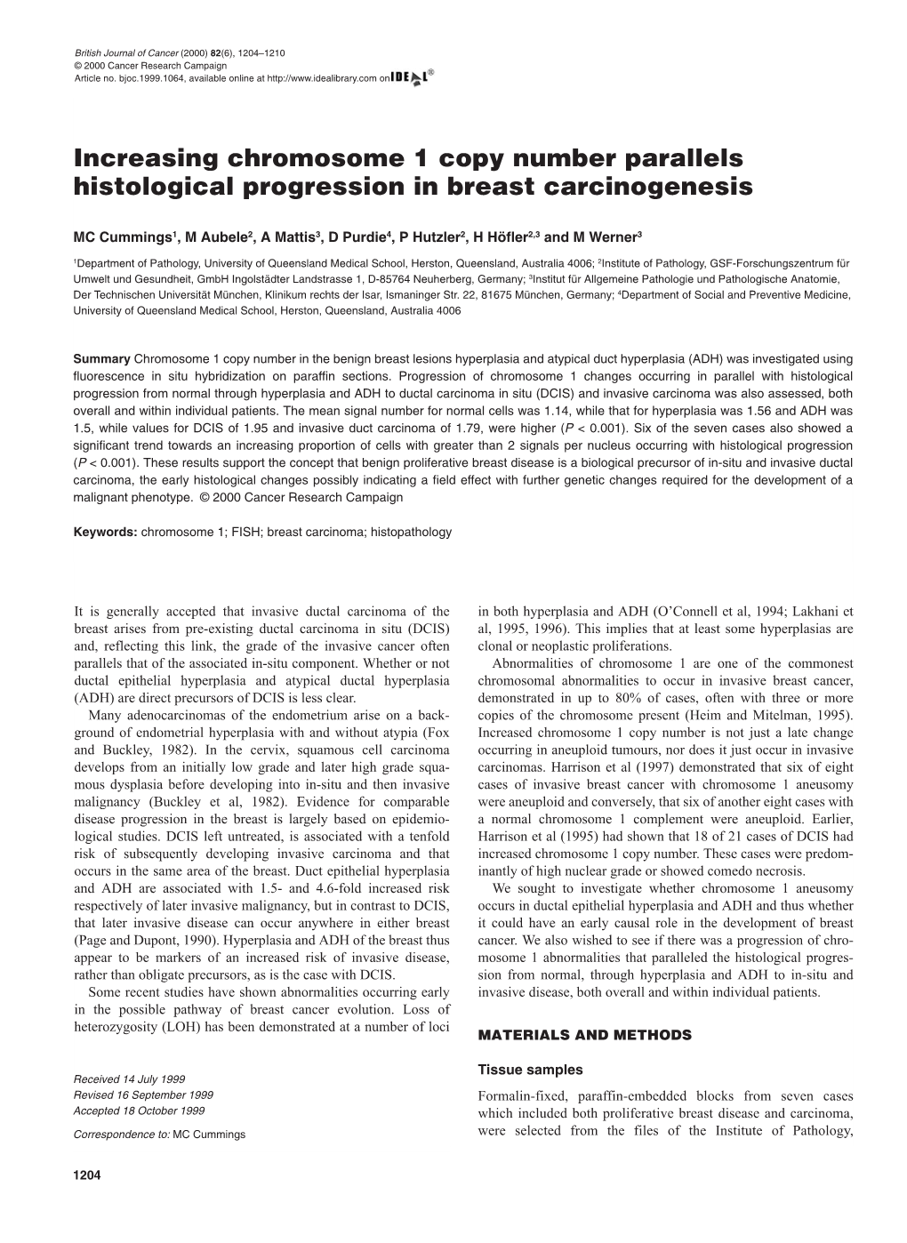 Increasing Chromosome 1 Copy Number Parallels Histological