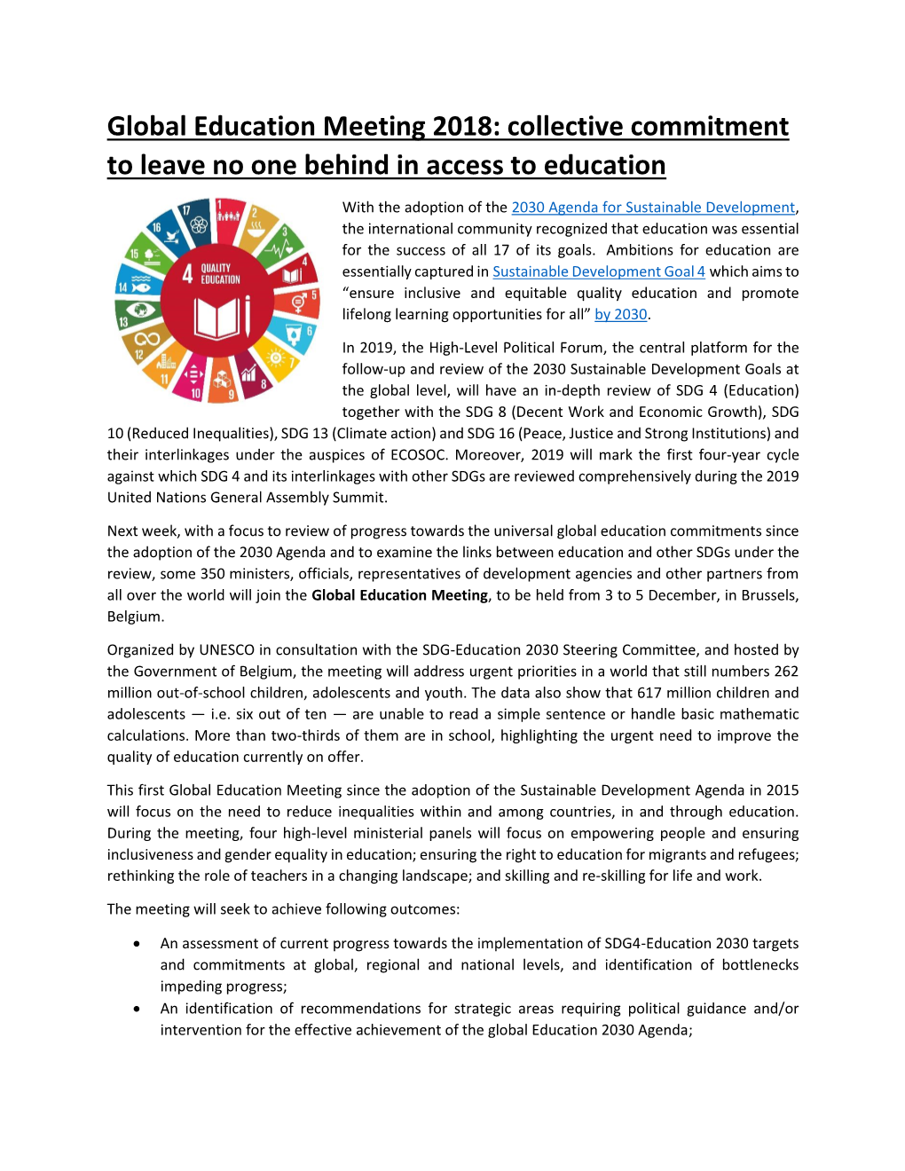 Global Education Meeting 2018: Collective Commitment to Leave No One Behind in Access to Education