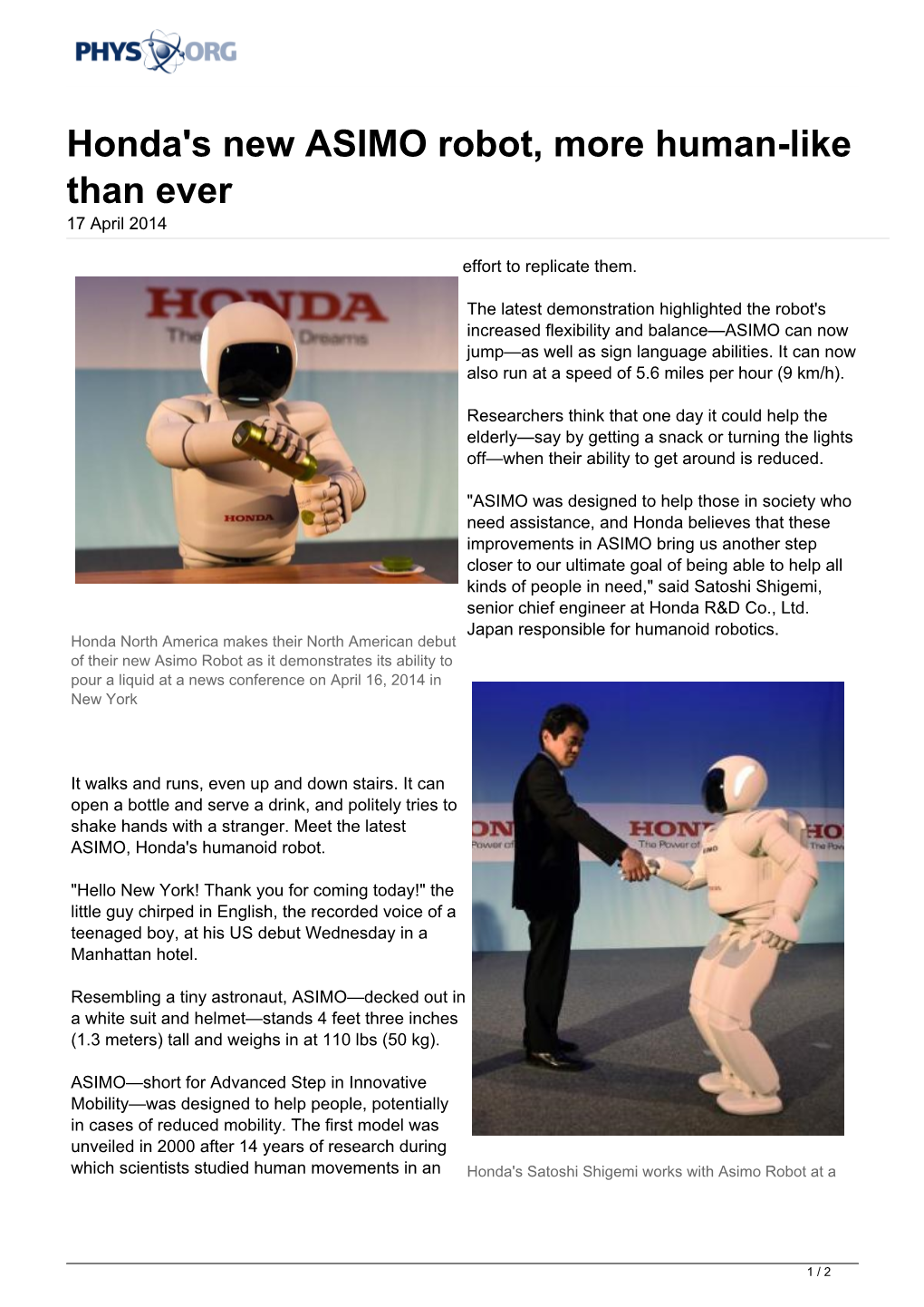 Honda's New ASIMO Robot, More Human-Like Than Ever 17 April 2014