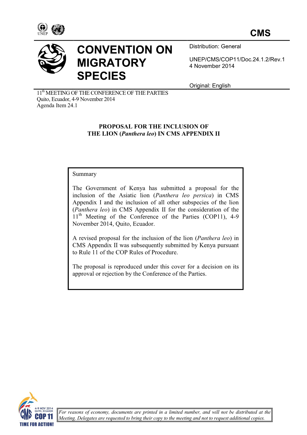 PROPOSAL for the INCLUSION of the LION (Panthera Leo) in CMS APPENDIX II