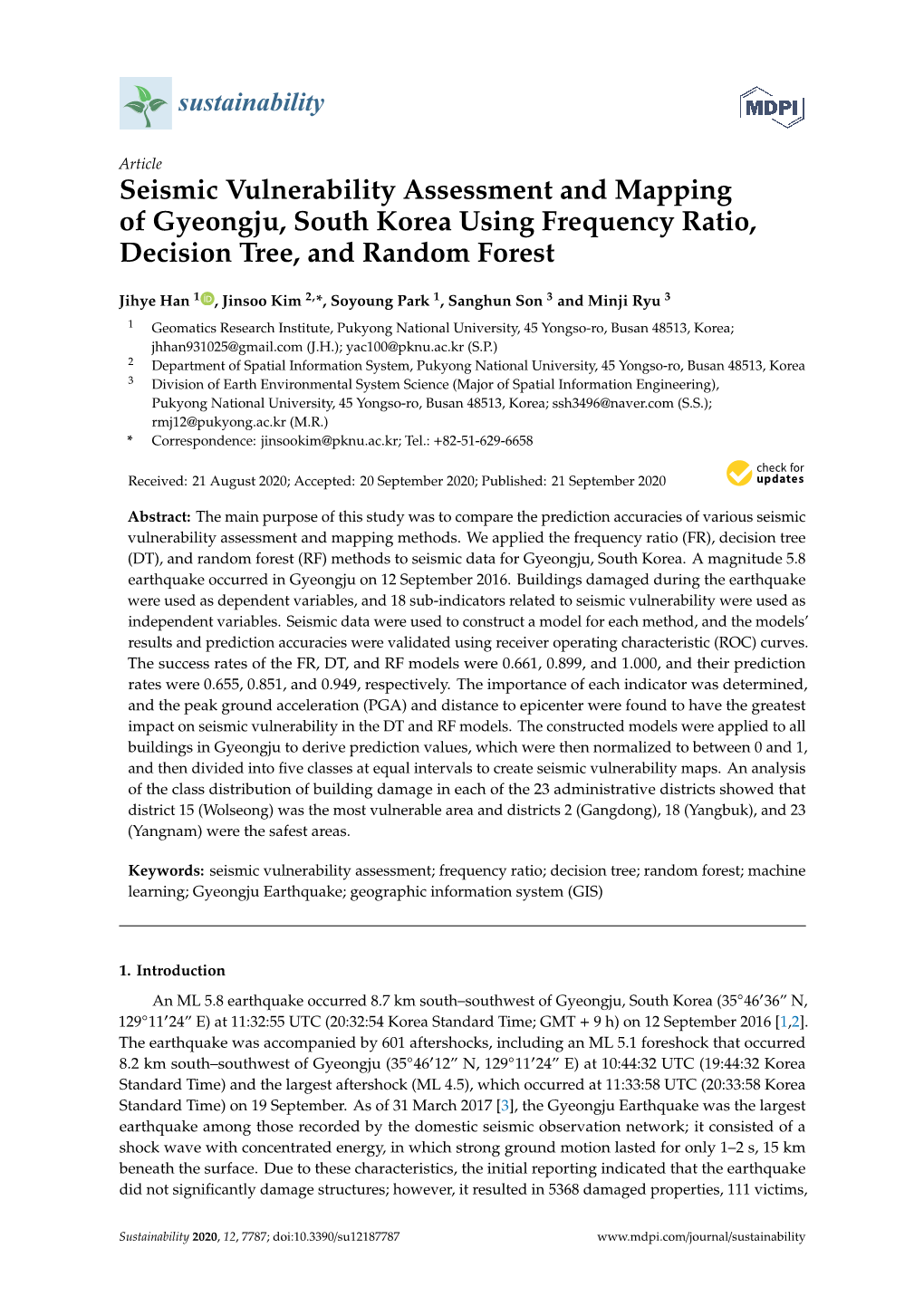 Seismic Vulnerability Assessment and Mapping of Gyeongju, South Korea Using Frequency Ratio, Decision Tree, and Random Forest