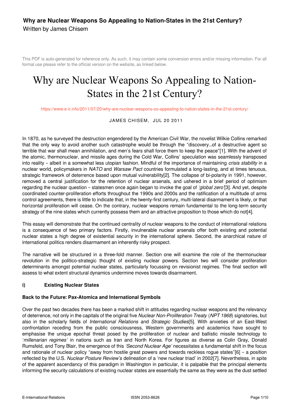 Why Are Nuclear Weapons So Appealing to Nation-States in the 21St Century? Written by James Chisem